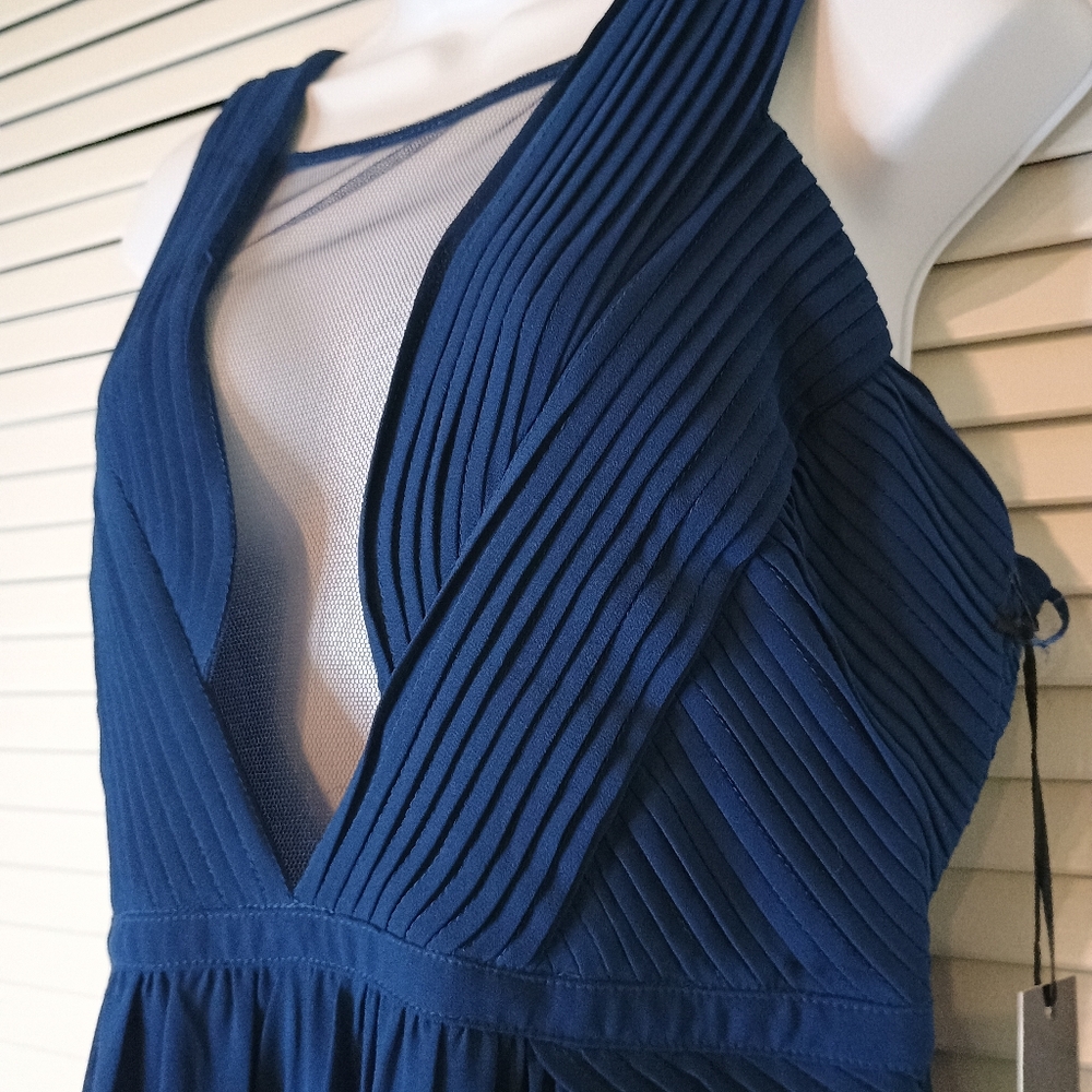 NWT Lulu's Zipper enclosed Elegant Sheer Navy Blue Dress Size Large - Picture 2 of 8